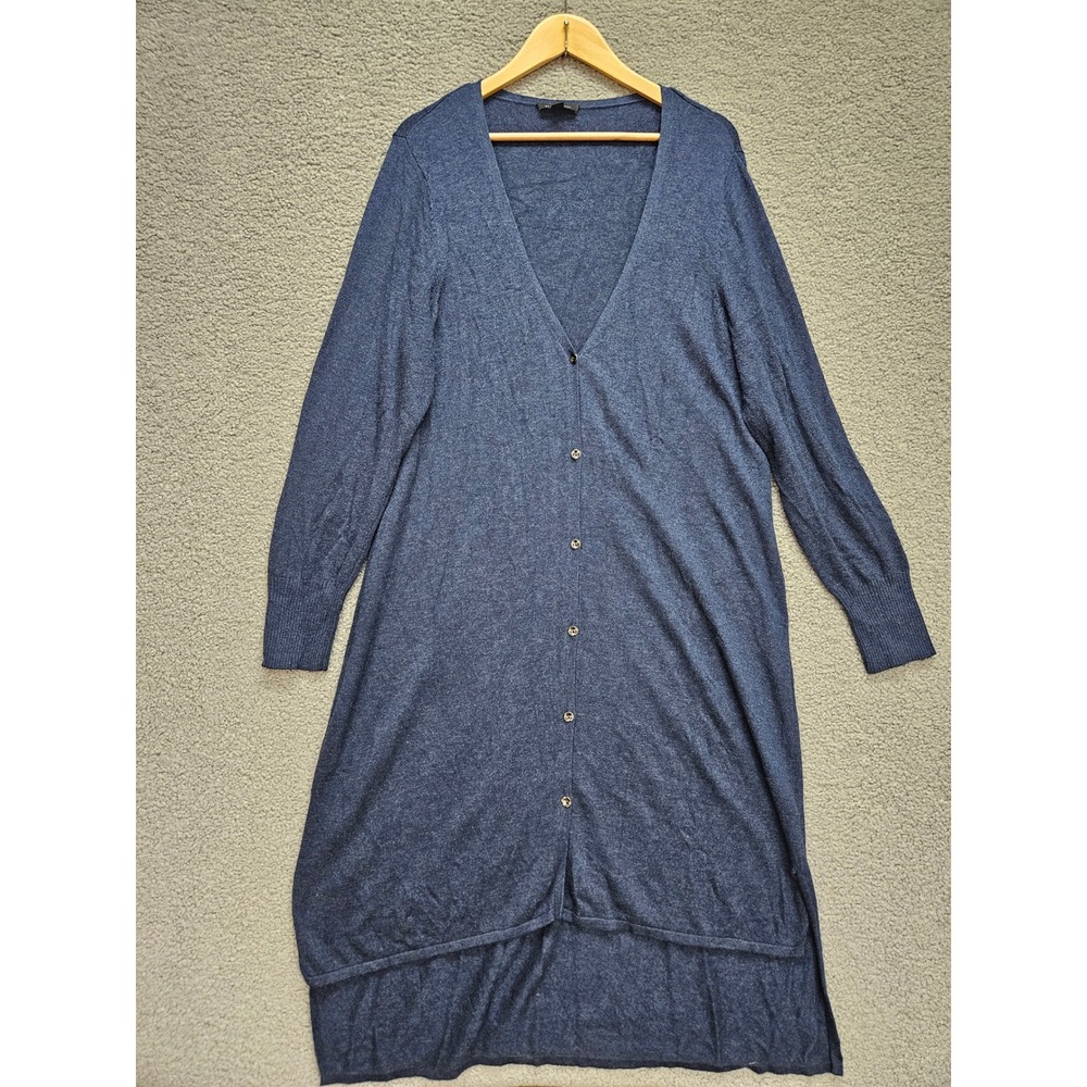 H by Halston Duster Cardigan XLP Blue Longline V-Neck Button Front High-Low Hem